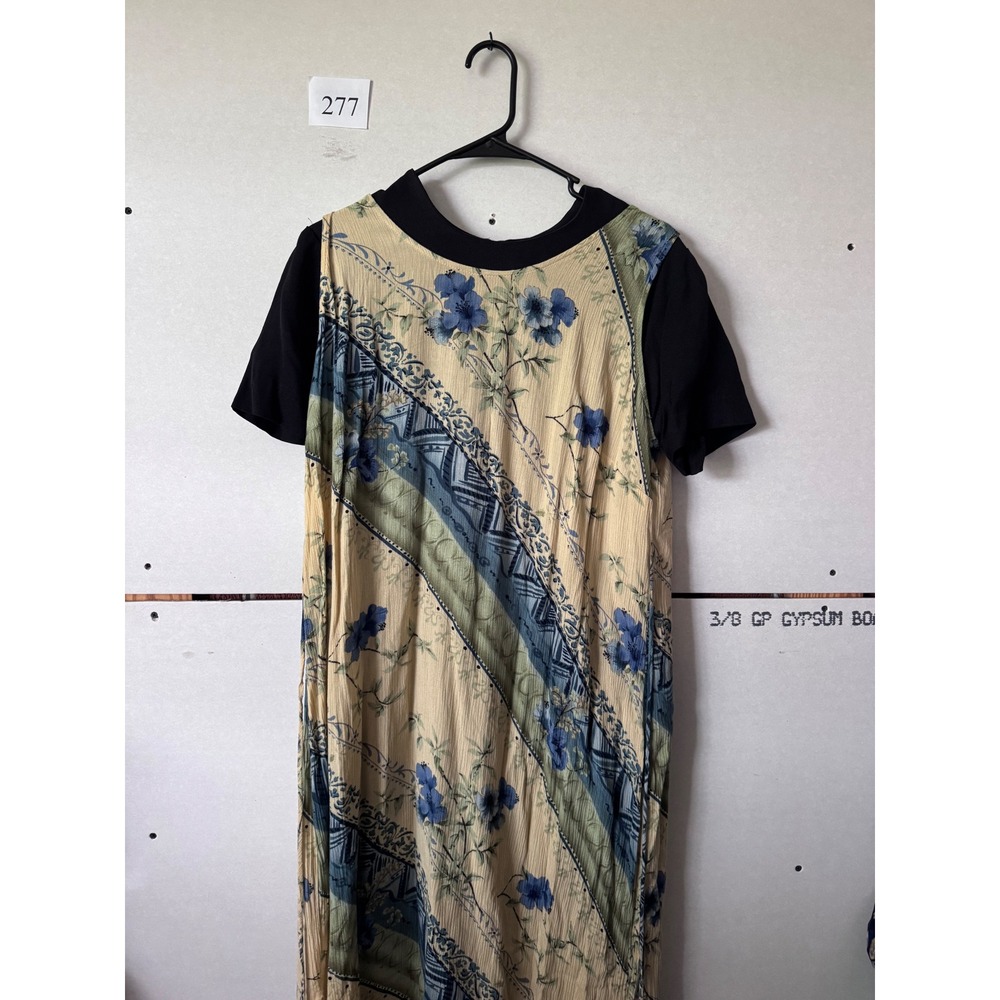 Leslie Fay Petite Floral Crinkle Maxi Dress Black Tan Blue Short Sleeve 14P